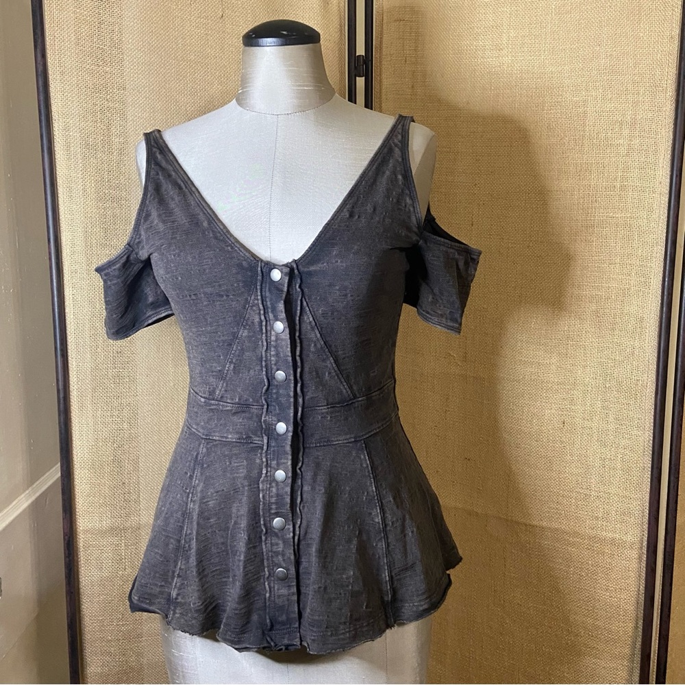 Free People Cold Shoulder acid wash black/gray deep v-neck peplum tank. Size XS.